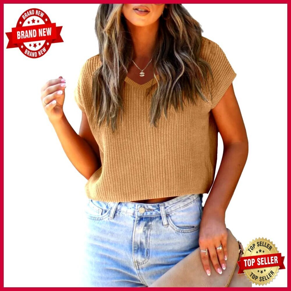 Cropped Sweater Vest Cap Sleeve Knit Tank Top Summer Casual Pullover